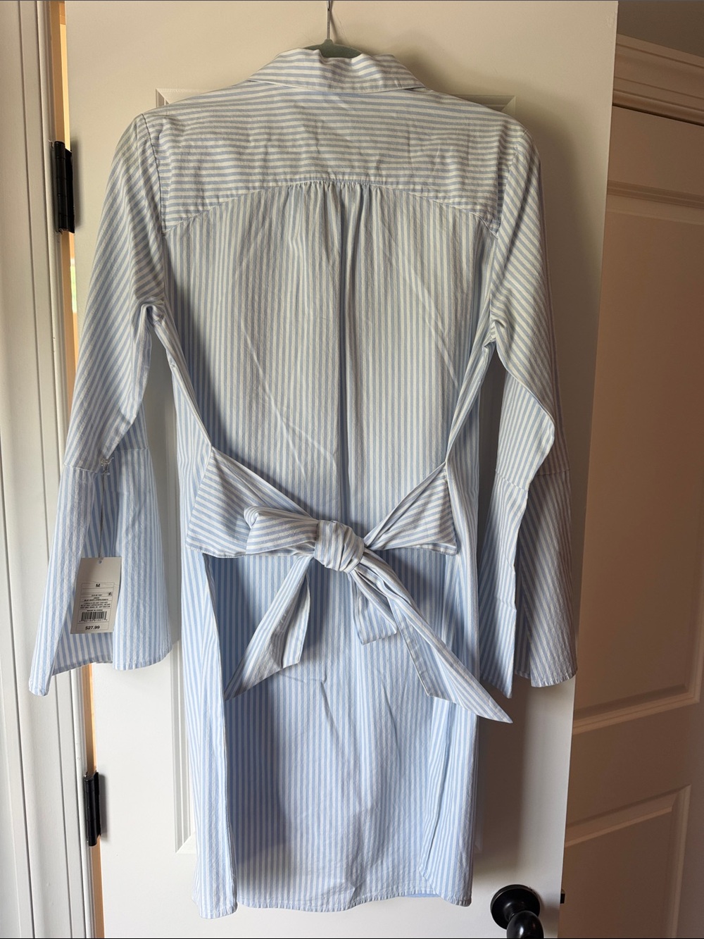 a new day Light Blue and White Striped Midi Dress with Waist Tie